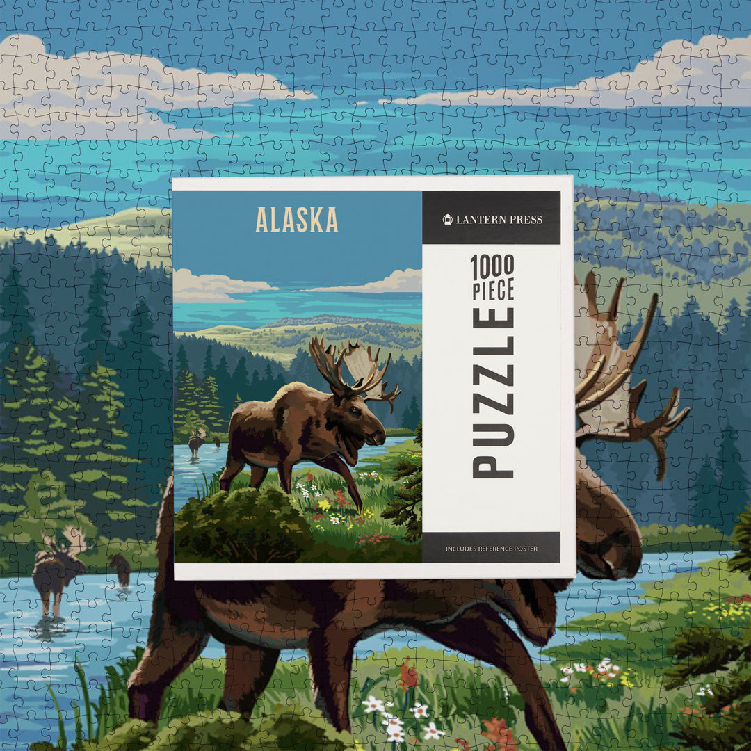 Alaska, Painterly, Moose and Wildflowers, Jigsaw Puzzle