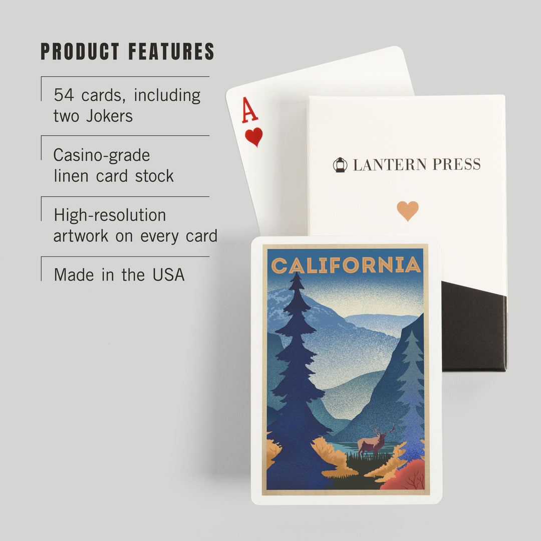 Playing Cards, California, Elk and Mountain Scene, Lithograph, 52 Card Deck with Jokers in Box, Unique Art