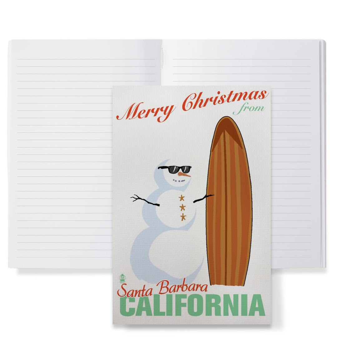 Lined 6x9 Journal, Santa Barbara, California, Merry Christmas from California, Snowman and Surfboard, Lay Flat, 193 Pages, FSC paper