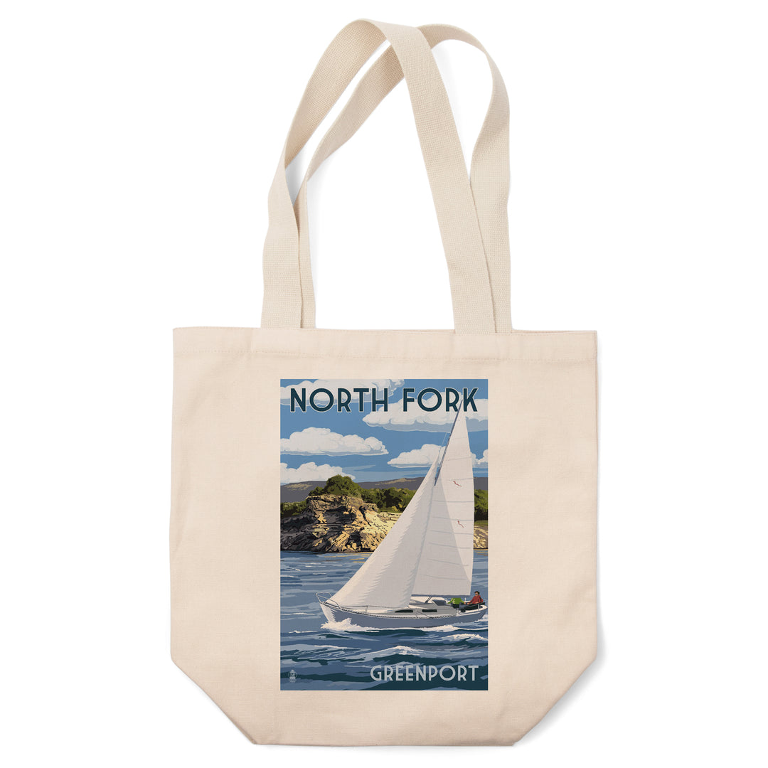 Greenport, New York, Sloop Sailboat & Lake, Lantern Press Artwork, Tote Bag