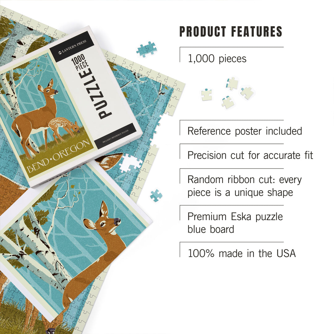 Bend, Oregon, Deer and Fawn, Letterpress, Jigsaw Puzzle