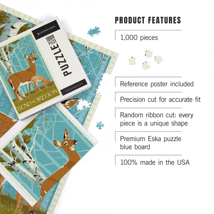 Bend, Oregon, Deer and Fawn, Letterpress, Jigsaw Puzzle