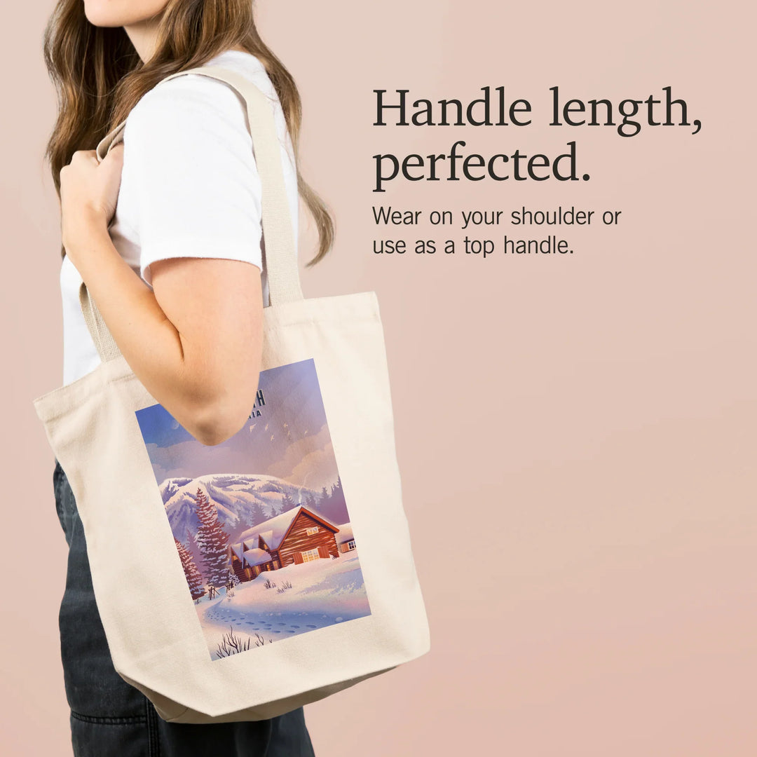 Mammoth, California, Lithograph, Mountain Lodge, Winter Scene, Tote Bag
