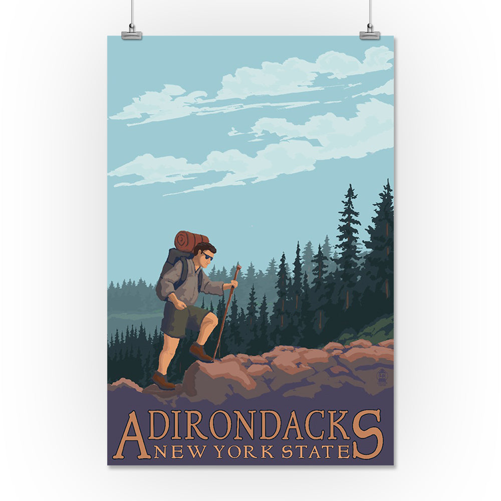 Adirondacks, New York, Hiker on Mountain, Lantern Press Artwork, Art Prints and Metal Signs