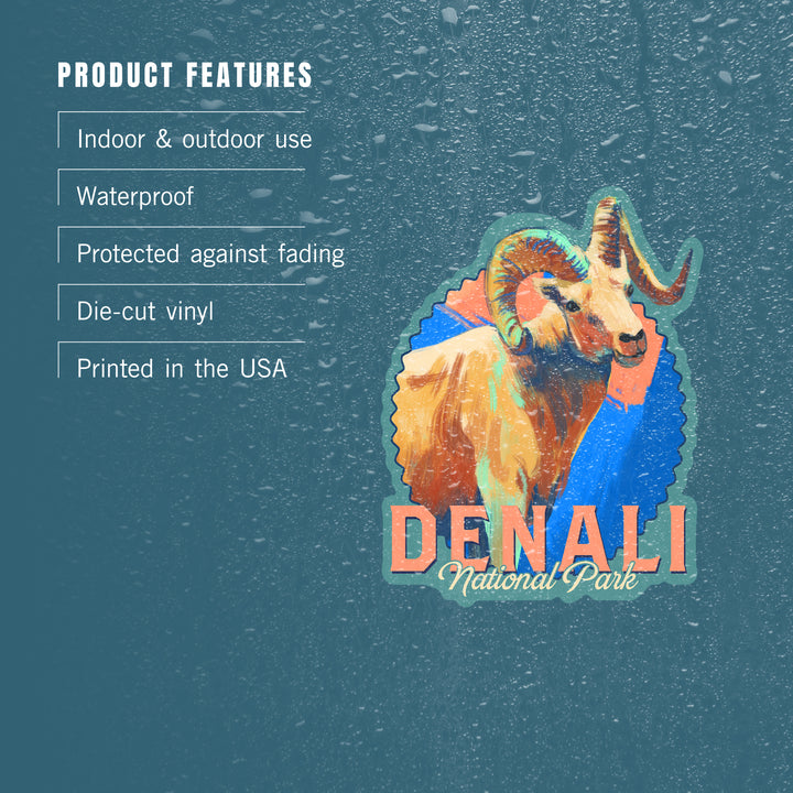 Denali National Park, Alaska, Dall Sheep, Vivid Watercolor, Contour, Lantern Press Artwork, Vinyl Sticker