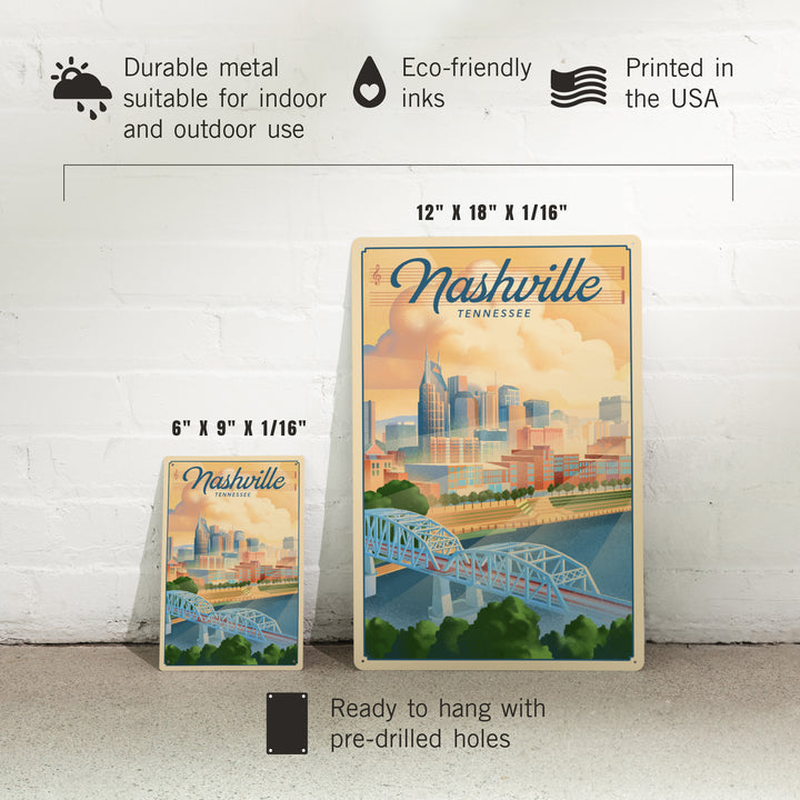 Nashville, Tennessee, Lithograph City Series, 12x18 Metal Sign