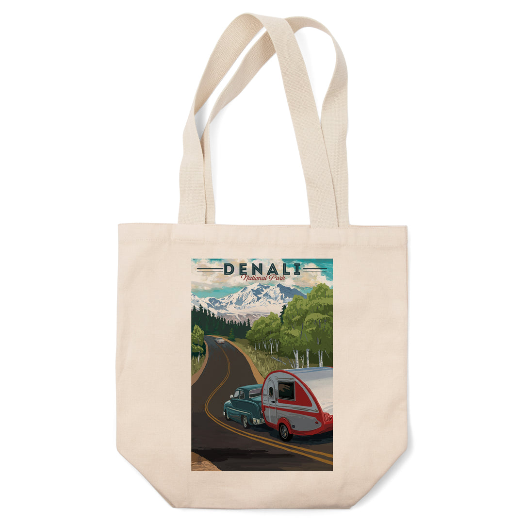 Denali National Park, Alaska, Retro Camper on Road, Tote Bag