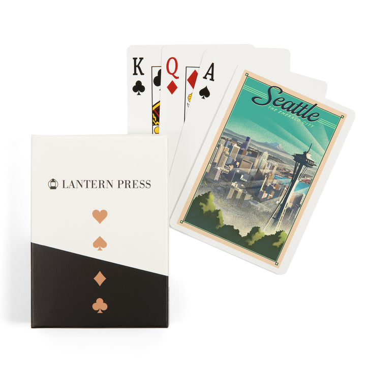 Playing Cards, Seattle, Washington, Skyline, Lithograph, 52 Card Deck with Jokers in Box, Unique Art