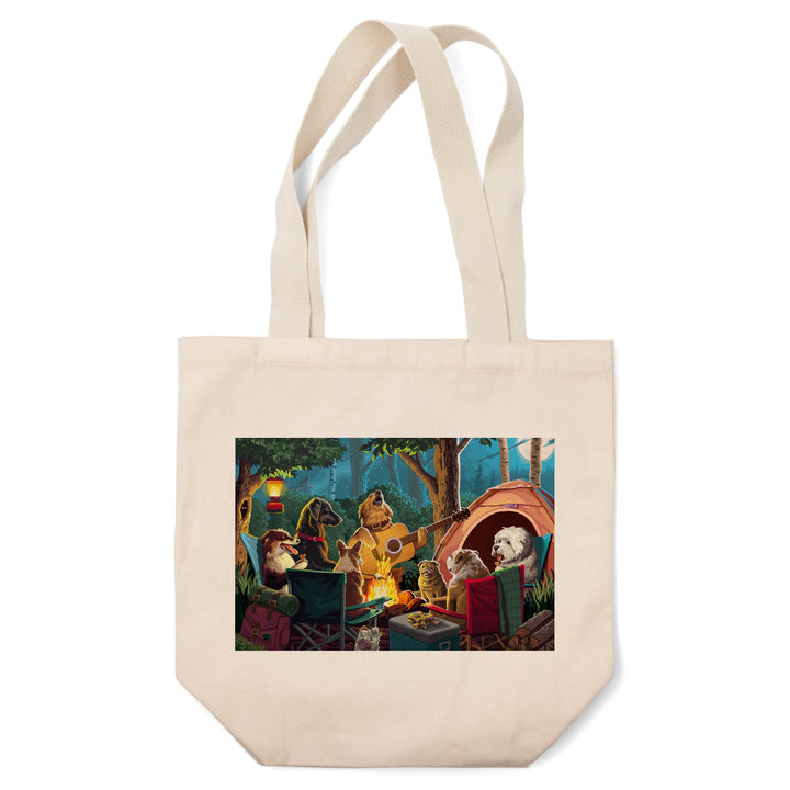 Painterly, Pack Life, Dogs Around Campfire, Tote Bag