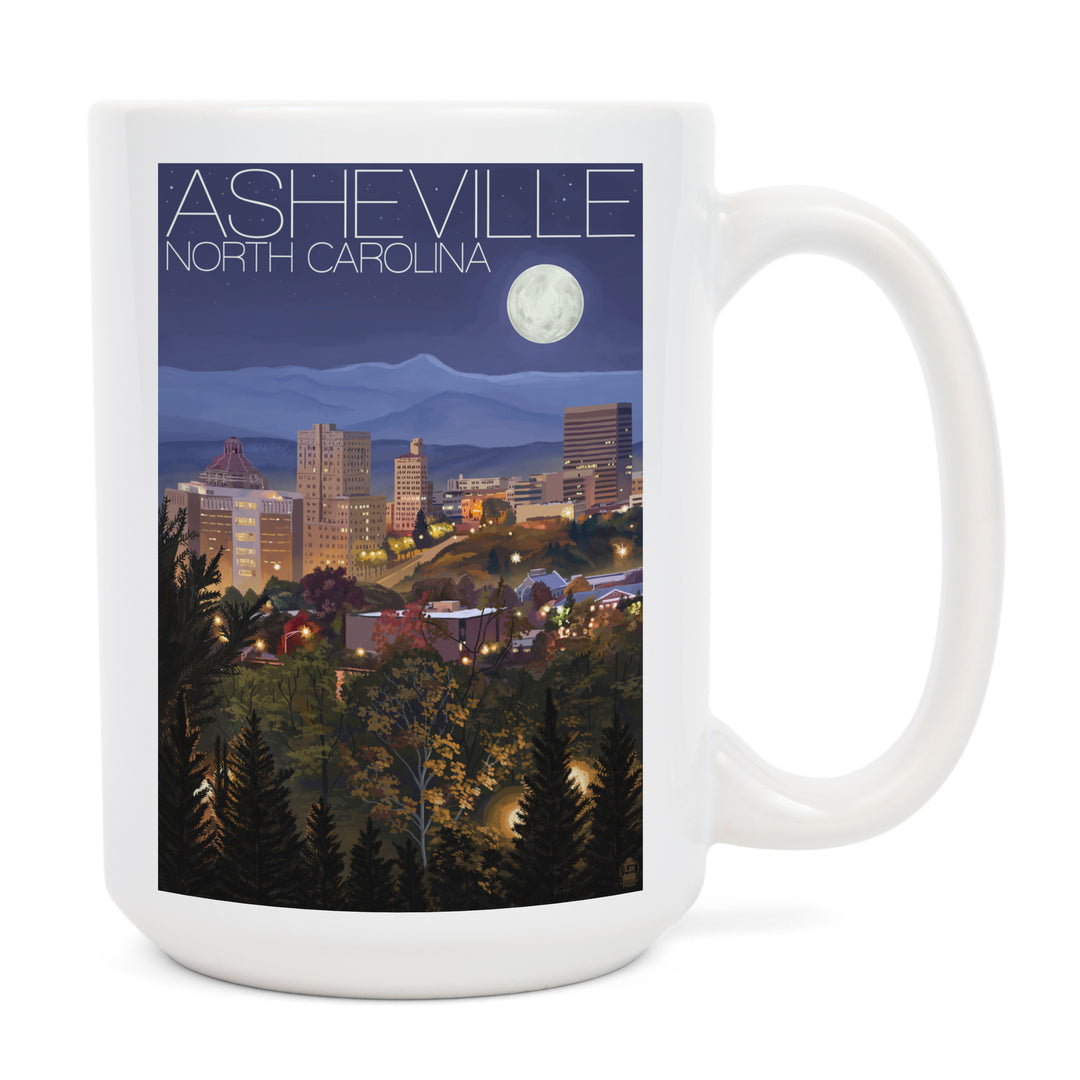 Asheville, North Carolina, Skyline at Night, Lantern Press Artwork, Ceramic Mug