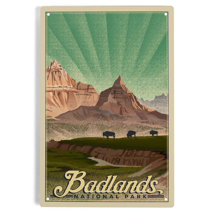 Badlands National Park, South Dakota, Bison in the Park, Lithograph National Park Series, Metal Signs