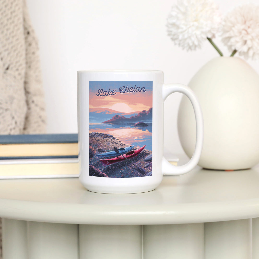 Lake Chelan, Washington, Glassy Sunrise, Kayak, Ceramic Mug