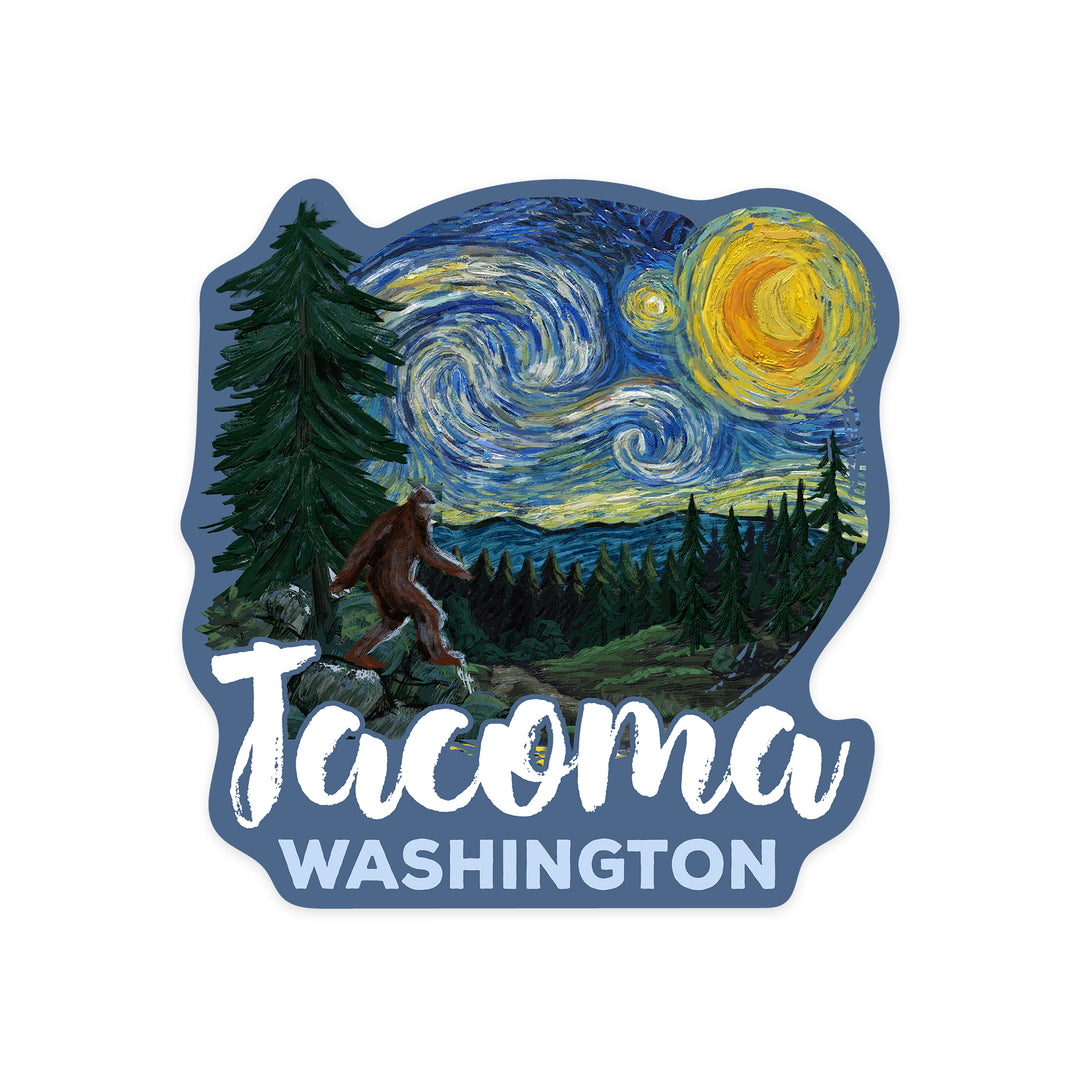 Tacoma, Washington, Bigfoot, Starry Night, Contour, Lantern Press Artwork, Vinyl Sticker