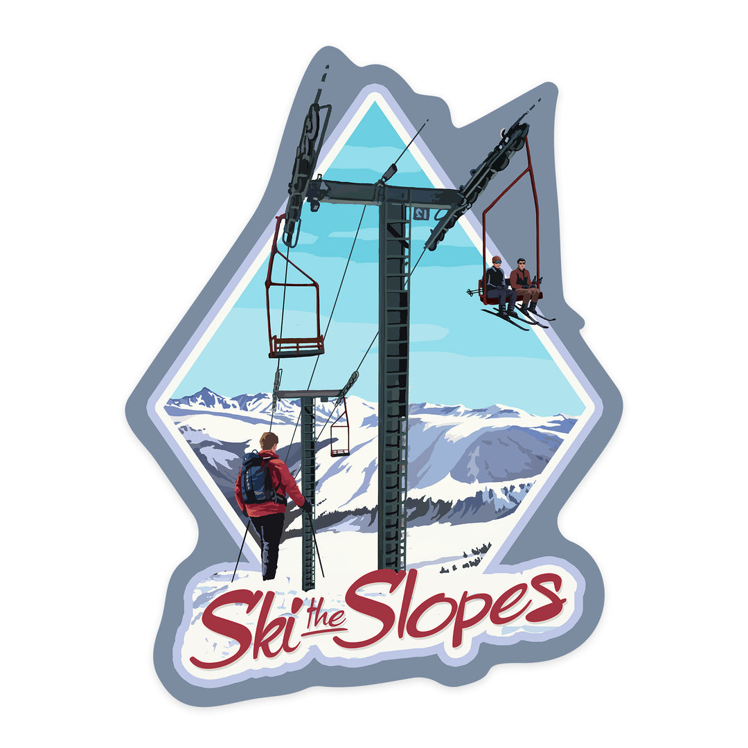 Ski the Slopes, Ski Lift Day Scene, Contour, Lantern Press Artwork, Vinyl Sticker