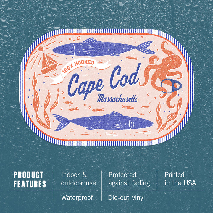 Cape Cod, Massachusetts, Dockside Series, 100% Hooked, Contour, Vinyl Sticker