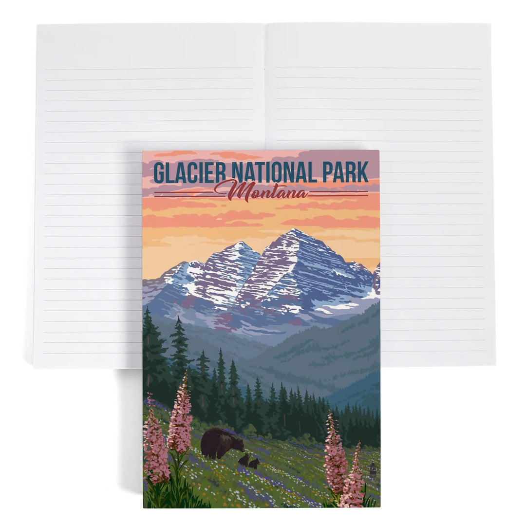 Lined 6x9 Journal, Glacier National Park, Montana, Bear and Spring Flowers, Lay Flat, 193 Pages, FSC paper