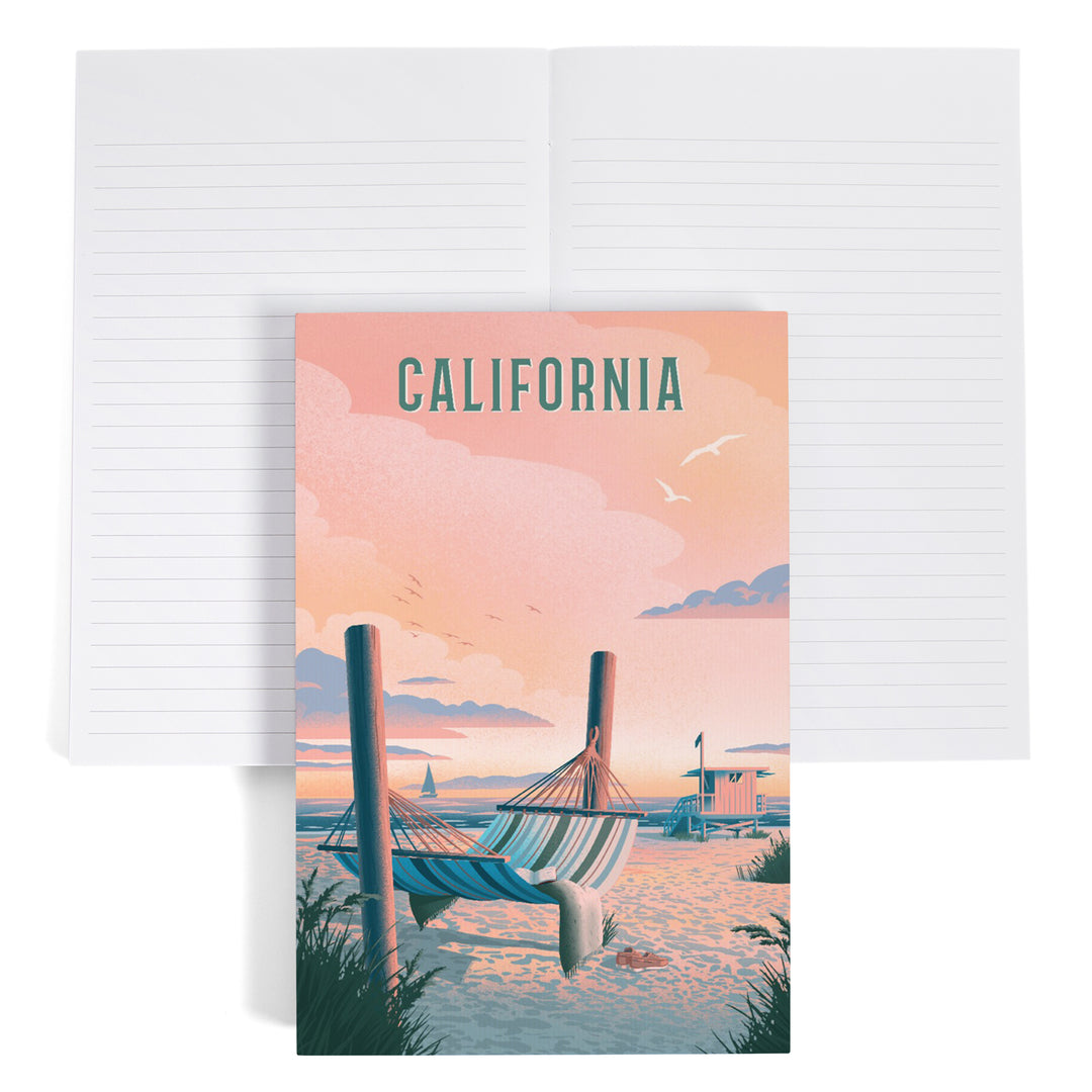 Lined 6x9 Journal, California, Lithograph, Salt Air, No Cares, Hammock on Beach, Lay Flat, 193 Pages, FSC paper