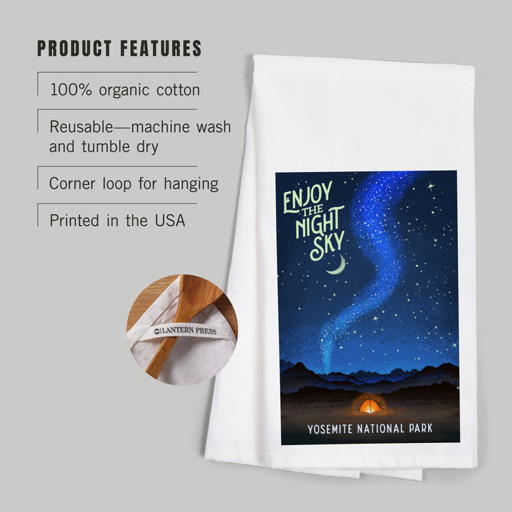 Yosemite National Park, California, Tent and Night Sky, Mid-Century Style, Organic Cotton Kitchen Tea Towels