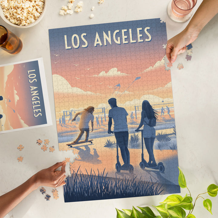 Los Angeles, California, Lithograph, Enjoy the Ride, Longboards and Scooters, Jigsaw Puzzle - Lantern Press