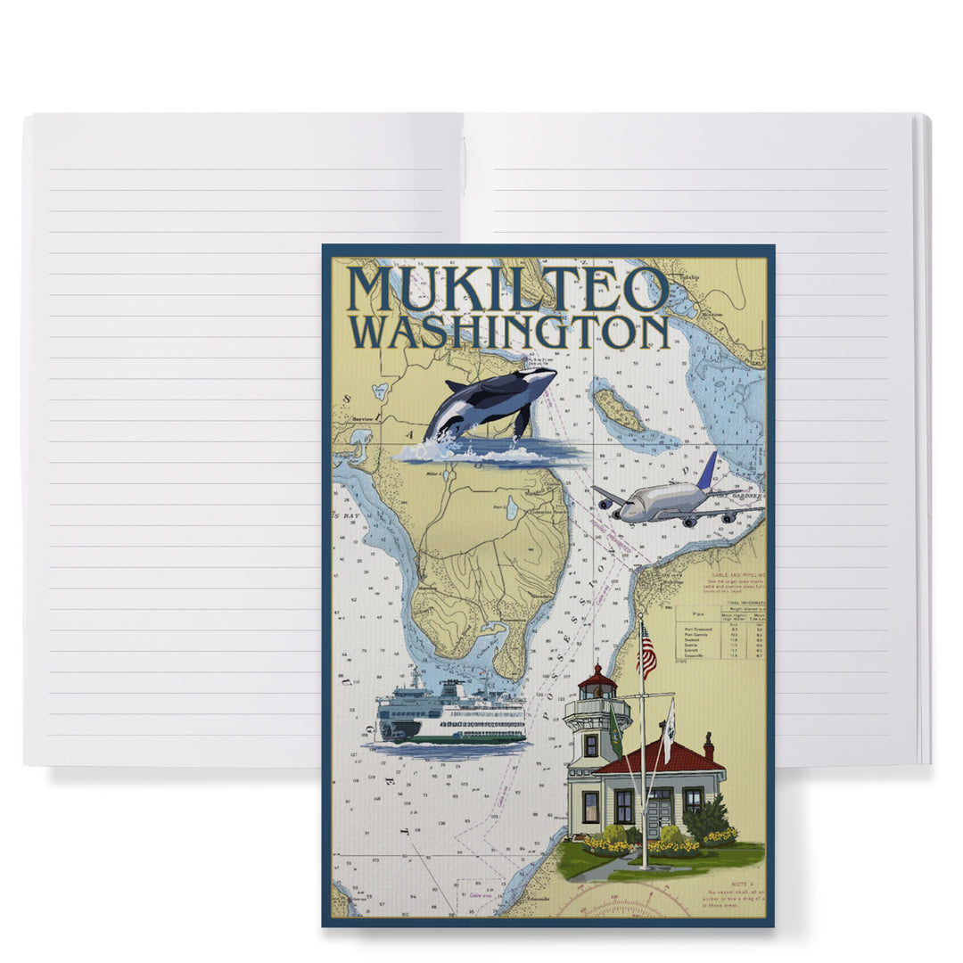 Lined 6x9 Journal, Mukilteo, Washington, Nautical Chart, Lay Flat, 193 Pages, FSC paper