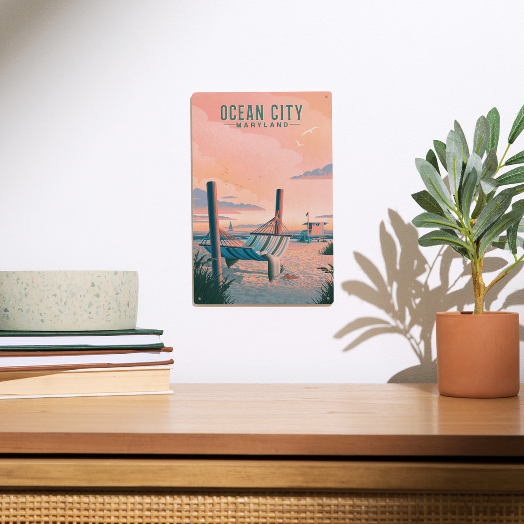 Ocean City, Maryland, Lithograph, Hammock on Beach, Wood Signs and Postcards