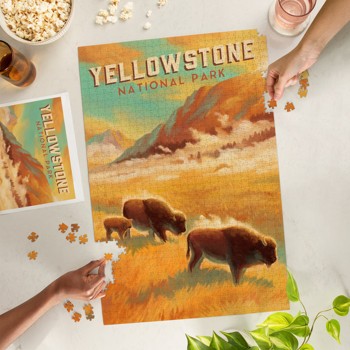 Yellowstone National Park, Bison Family, Oil Painting, Jigsaw Puzzle