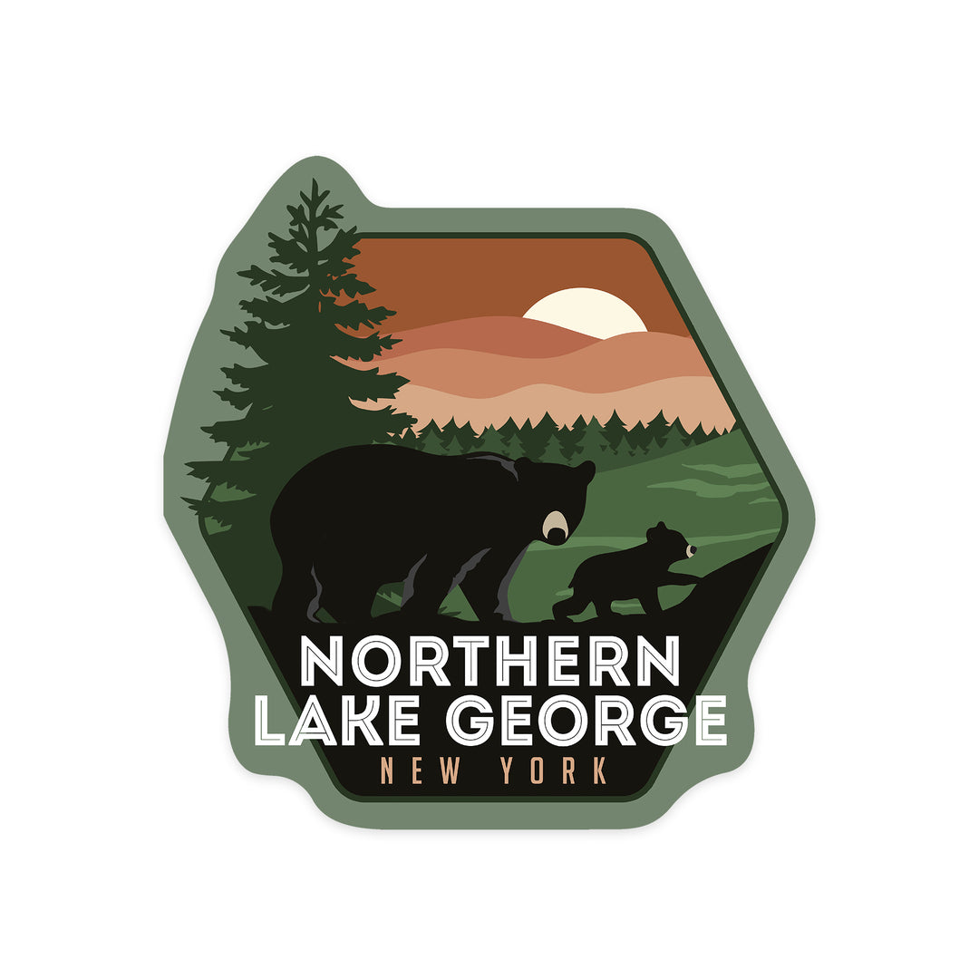 Northern Lake George, New York, Vector Bear Family, Contour, Lantern Press Artwork, Vinyl Sticker