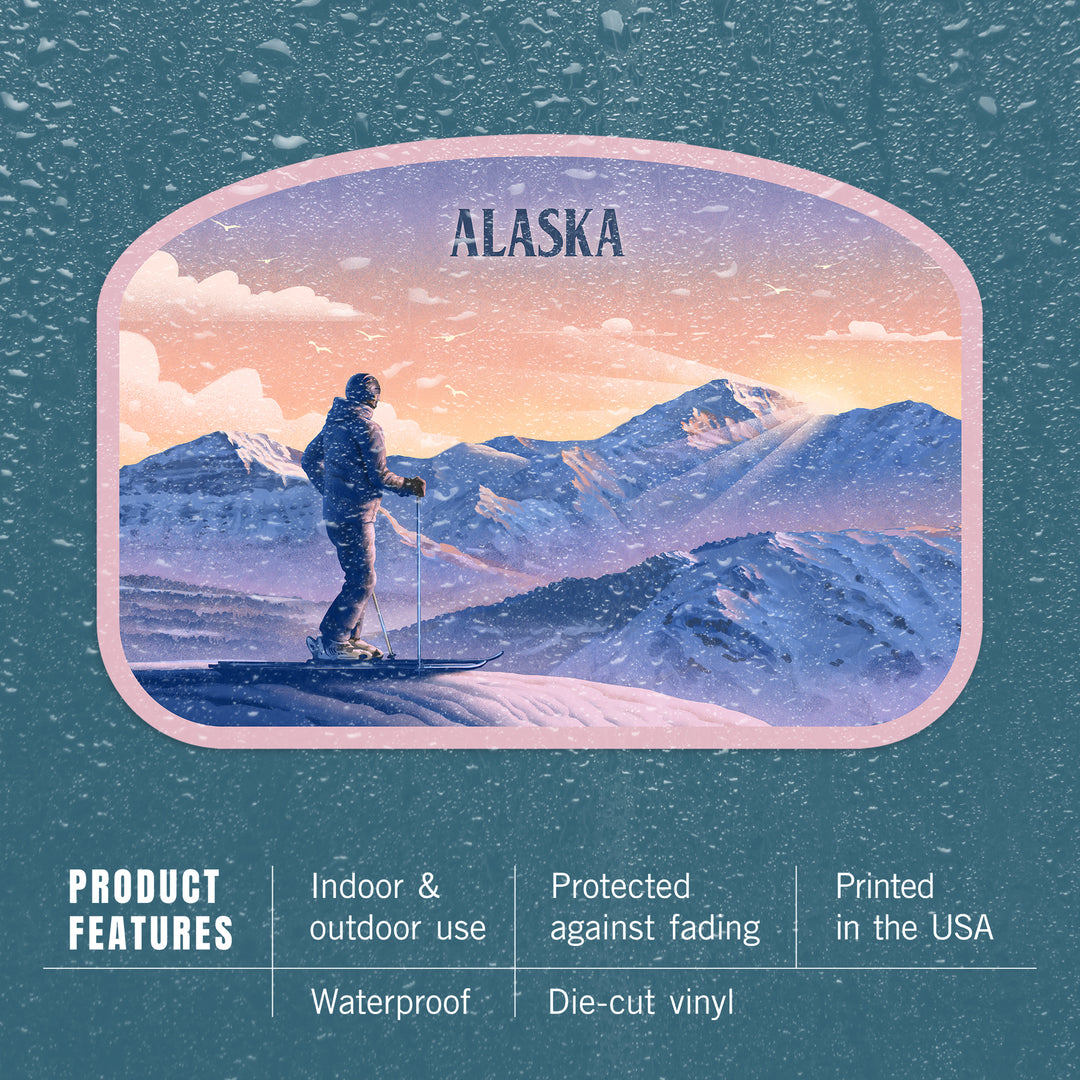 Alaska, Lithograph, Skier At The Top, Vinyl Sticker