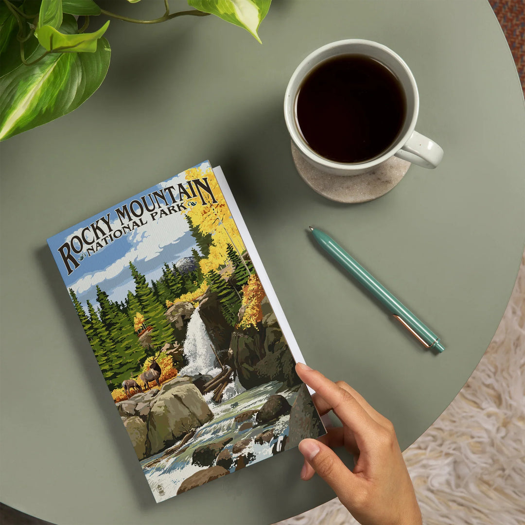Lined 6x9 Journal, Rocky Mountain National Park, Colorado, Elk and Waterfall, Lay Flat, 193 Pages, FSC paper