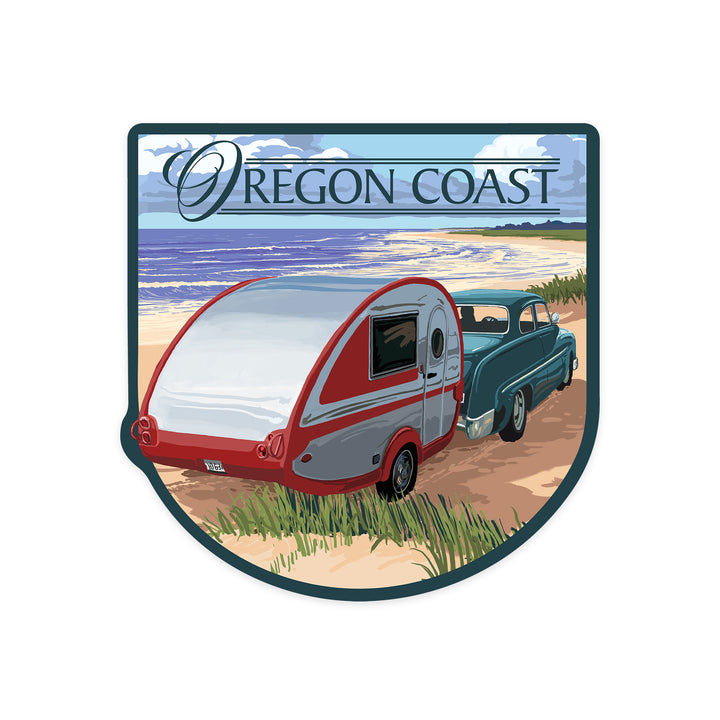 Oregon Coast, Retro Camper on Beach, Contour, Vinyl Sticker