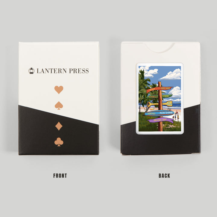 Playing Cards, Signpost, Coast Beach with Palms, 52 Card Deck with Jokers in Box, Unique Art