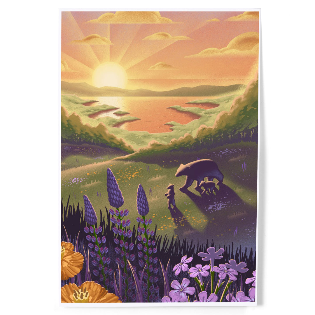 Lithograph, Bear and Spring Flowers, Lake,, Art & Giclee Prints