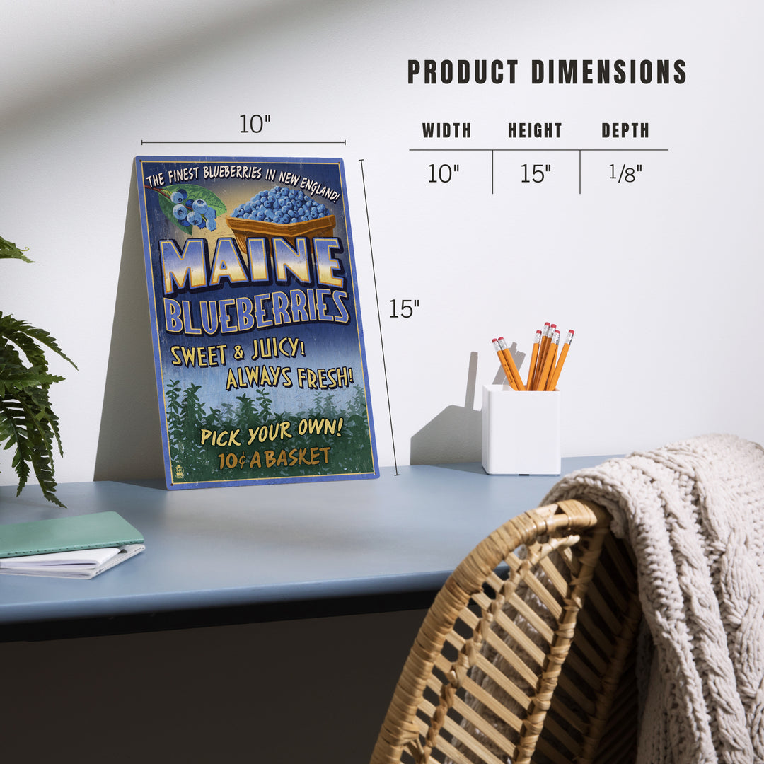 Maine, Blueberries Vintage Sign, Wood Sign and Postcards
