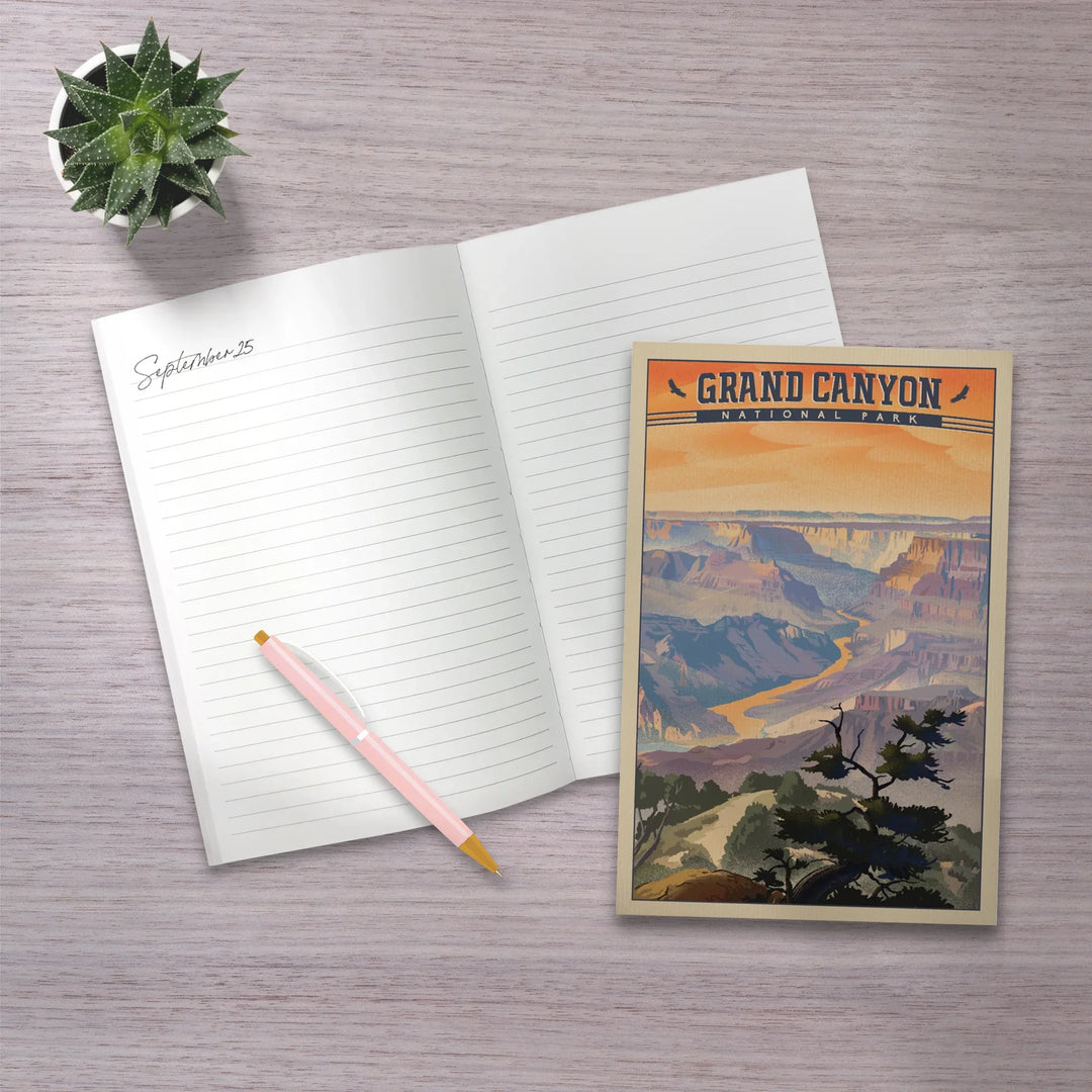 Lined 6x9 Journal, Grand Canyon National Park, Arizona, Desert View, Lithograph National Park Series, Lay Flat, 193 Pages, FSC paper