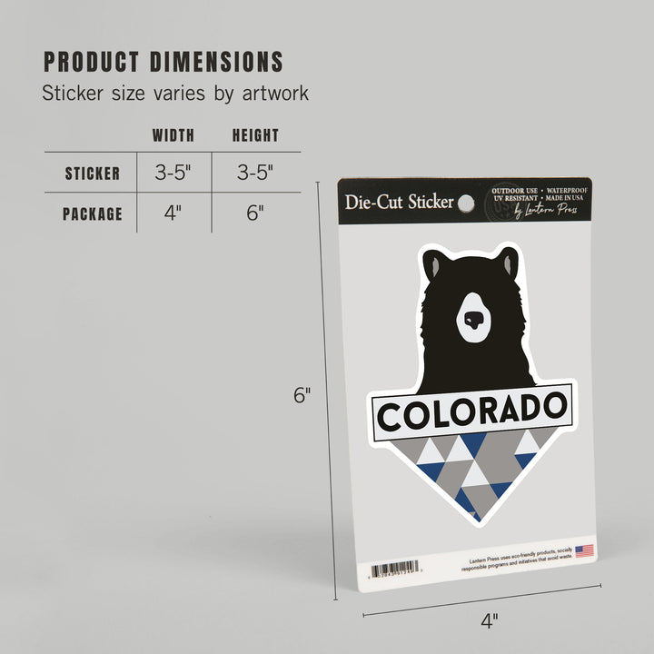 Colorado, Bear & Triangles, Blue, Contour, Lantern Press Artwork, Vinyl Sticker