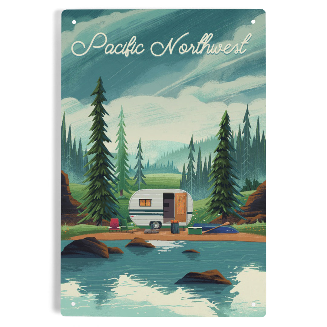 Pacific Northwest, Outdoor Activity, At Home Anywhere, Camper in Evergreens, Metal Signs