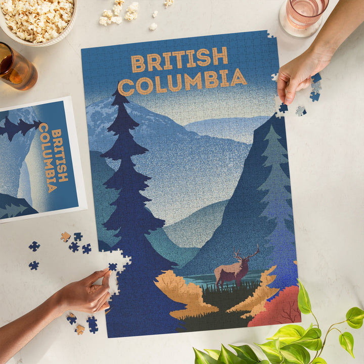 British Columbia, Lithograph, Elk and Mountains Scene, Jigsaw Puzzle