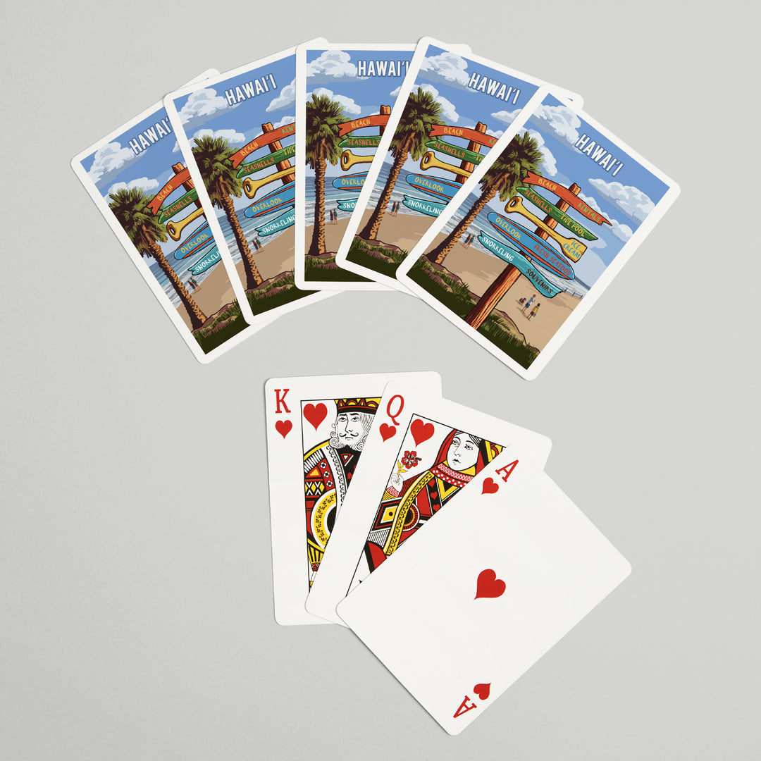 Playing Cards, Hawaii, Signpost, Coast Beach with Palms, 52 Card Deck with Jokers in Box, Unique Art