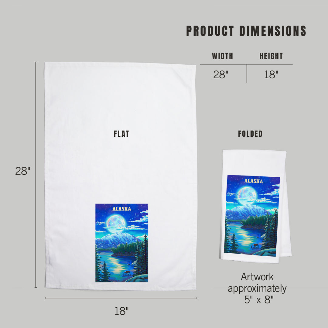 Alaska, Oil Painting, Lake and Super Moon, Organic Cotton Kitchen Tea Towels