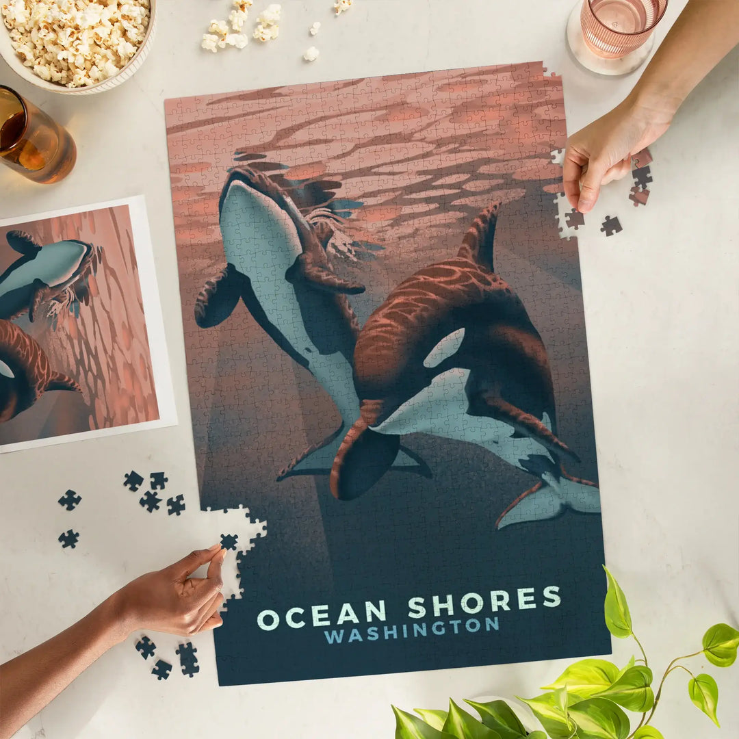 Ocean Shores, Washington, Lithograph, Wildlife Lithograph Series, Orca, Jigsaw Puzzle
