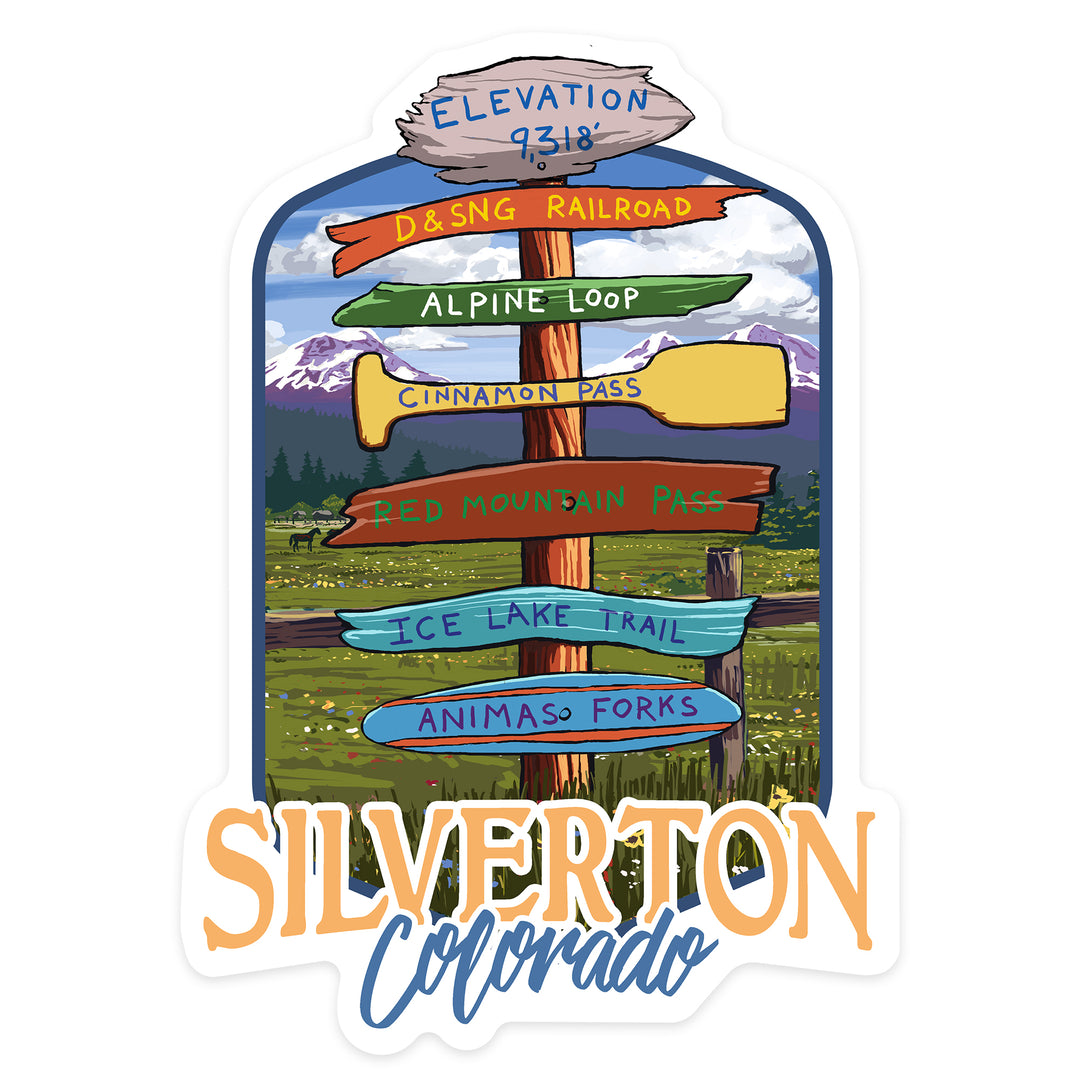 Silverton, Colorado, Destination Signpost, Contour, Lantern Press Artwork, Vinyl Sticker