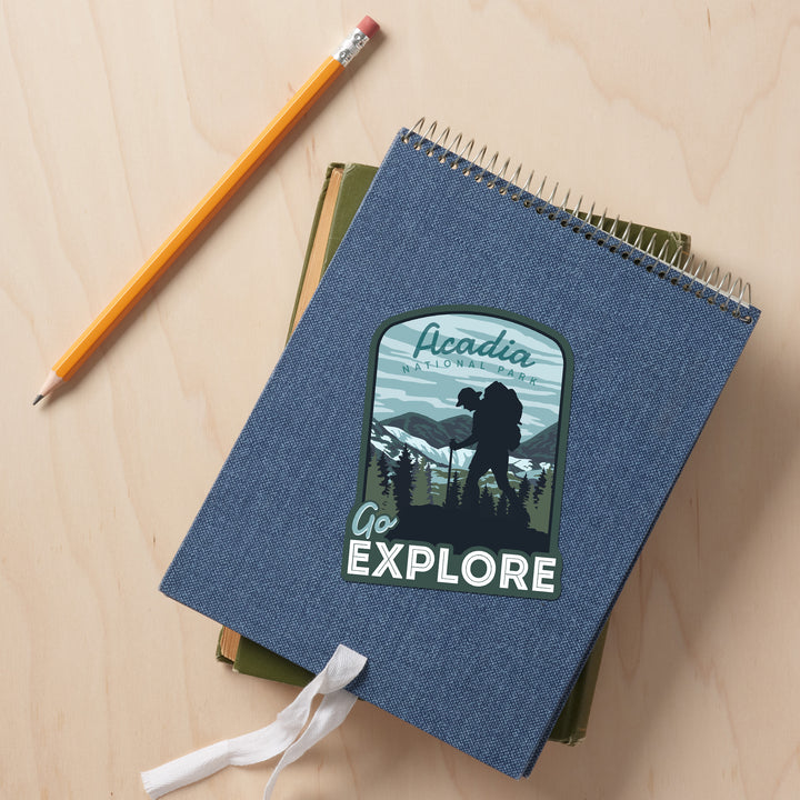 Acadia National Park, Maine, Go Explore, Backpacker, Contour, Lantern Press Artwork, Vinyl Sticker