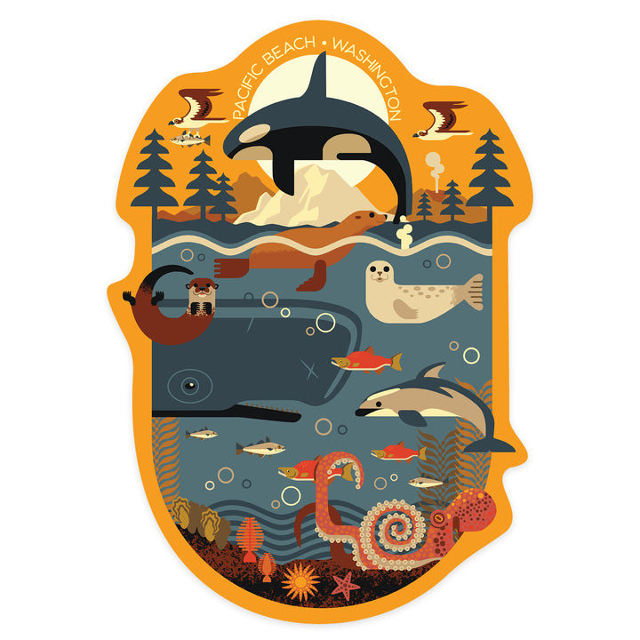 Pacific Beach, Washington, Marine Animals, Geometric, Contour, Vinyl Sticker