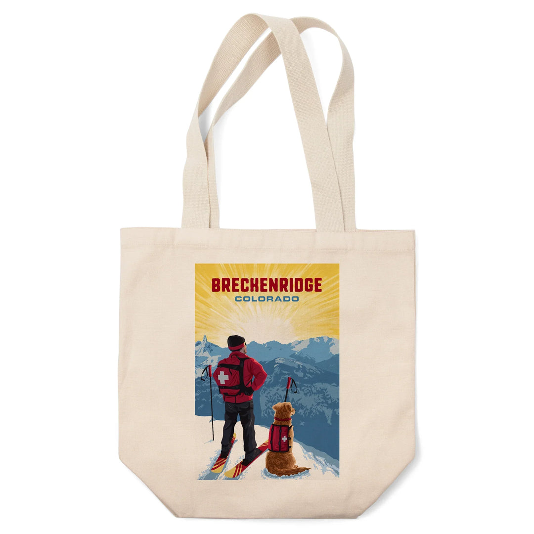 Breckenridge, Colorado, Painterly, Ski Patrol with Avalanche Dog, Tote Bag