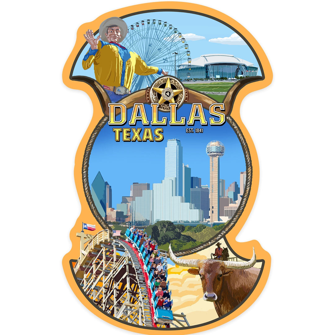 Dallas, Texas, Montage, Contour, Vinyl Sticker - Lantern Press