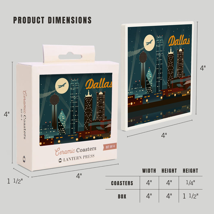 Dallas, Texas, Retro Skyline, Lantern Press Artwork, Coaster Set - Lantern Press