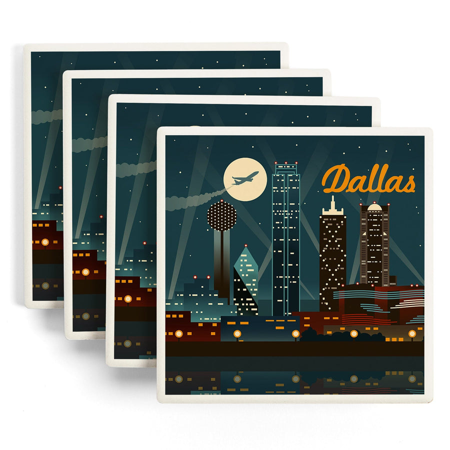 Dallas, Texas, Retro Skyline, Lantern Press Artwork, Coaster Set - Lantern Press