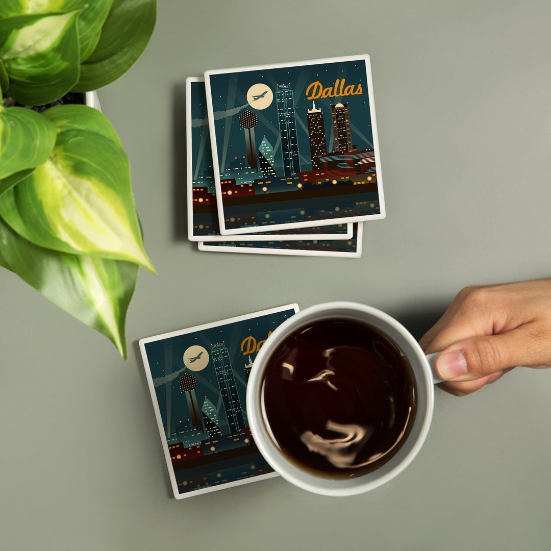 Dallas, Texas, Retro Skyline, Lantern Press Artwork, Coaster Set - Lantern Press