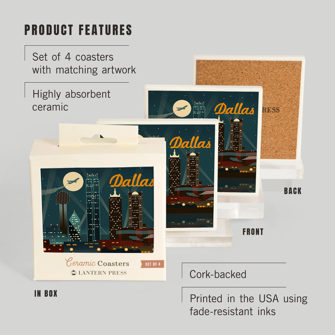 Dallas, Texas, Retro Skyline, Lantern Press Artwork, Coaster Set - Lantern Press