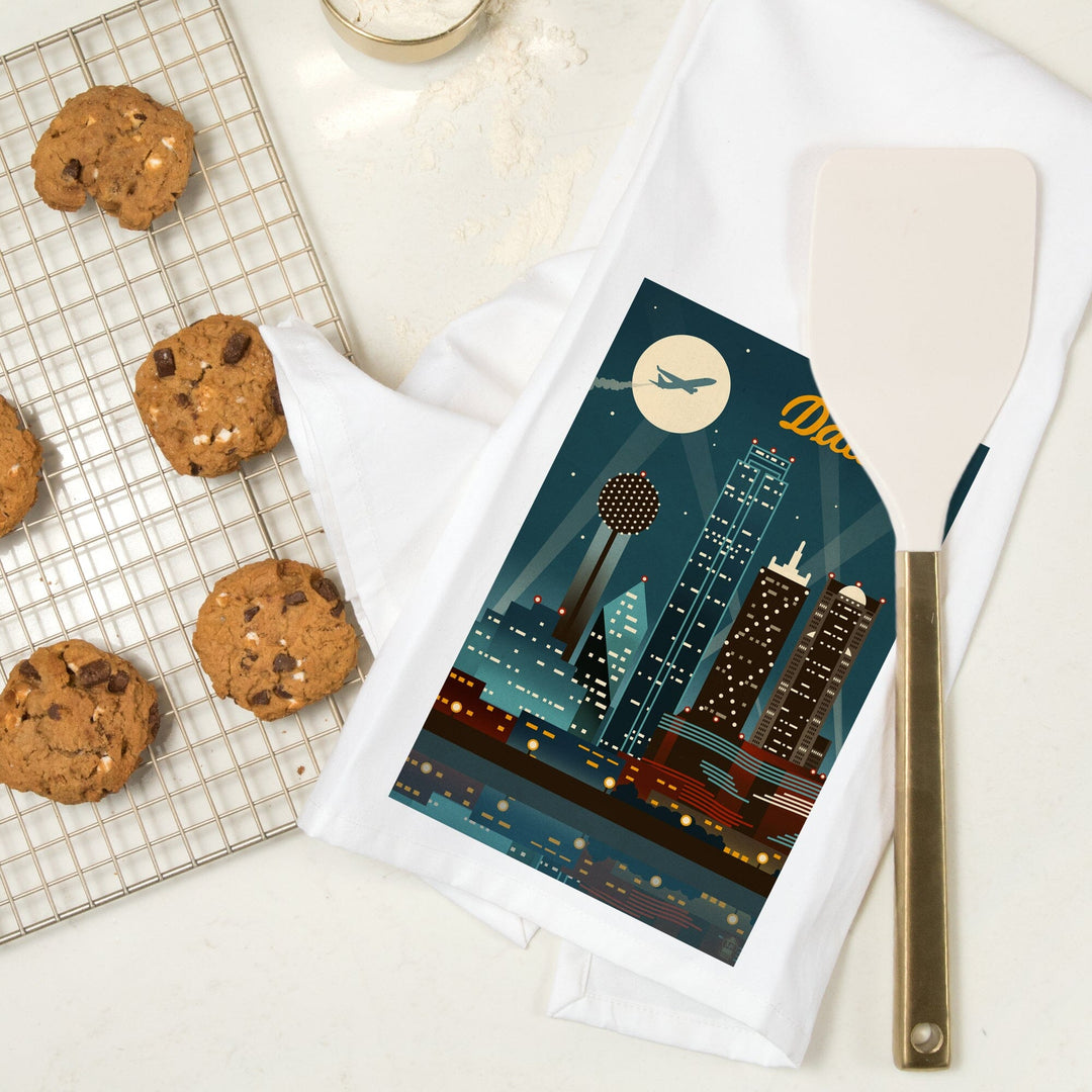 Dallas, Texas, Retro Skyline, Organic Cotton Kitchen Tea Towels Kitchen Lantern Press 